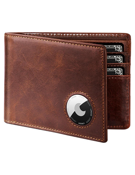 Billetera AirTag LORZOR Bifold Cuero Grano Completo Marrón