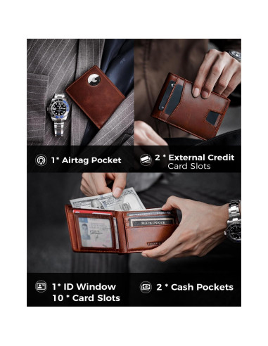 Billetera AirTag LORZOR Bifold Cuero Grano Completo Marrón