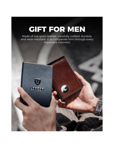 Billetera AirTag LORZOR Bifold Cuero Grano Completo Marrón
