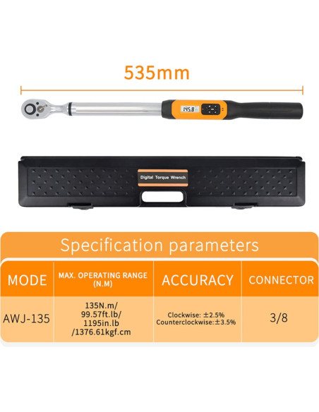 Llave de Torque Digital Reversible FridayParts AWJ-135B 1/2" 6.75-135 Nm Llave de Torque Digital Reversible FridayParts AWJ-135B 1/2" 6.75-135 Nm