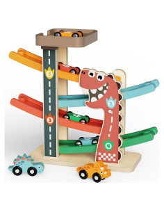 Pista de Carreras de Madera AmazingJoy con 6 Coches Dinosaurio