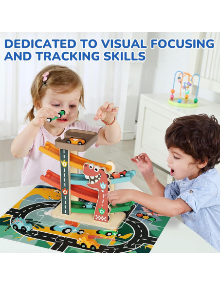 Pista de Carreras de Madera AmazingJoy con 6 Coches Dinosaurio