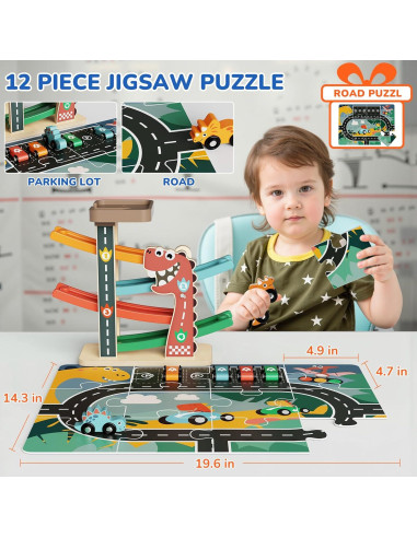 Pista de Carreras de Madera AmazingJoy con 6 Coches Dinosaurio