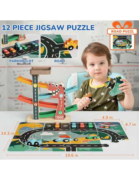 Pista de Carreras de Madera AmazingJoy con 6 Coches Dinosaurio