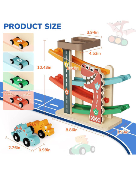 Pista de Carreras de Madera AmazingJoy con 6 Coches Dinosaurio