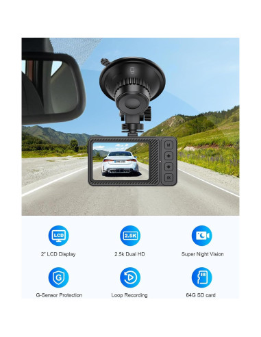 Cámara Dash Delantera y Trasera AIPLUGER 2.5K + 1080P, G-Sensor