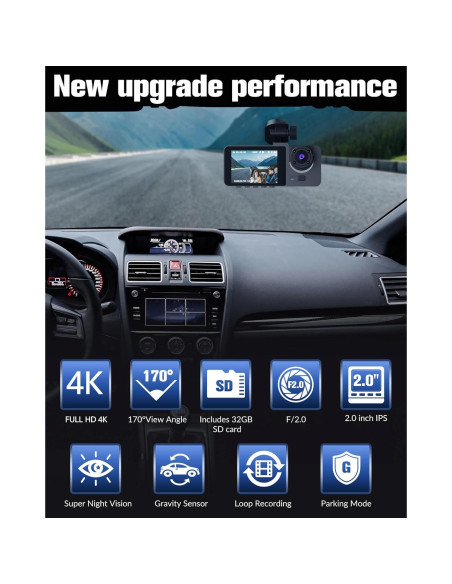 Cámara de tablero 4K EMRSTORES con cámara trasera 1080P y 32GB