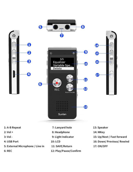 Grabadora de Voz Digital Sunlan 16GB con Reproducción USB