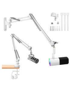 Soporte de Pared y Abrazadera de Escritorio para Micrófono Blanco - Compatible con Shure, Blue Yeti, HyperX