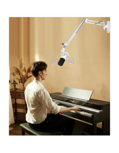 Soporte de Pared y Abrazadera de Escritorio para Micrófono Blanco - Compatible con Shure, Blue Yeti, HyperX