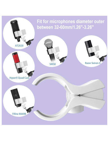 Soporte de Pared y Abrazadera de Escritorio para Micrófono Blanco - Compatible con Shure, Blue Yeti, HyperX