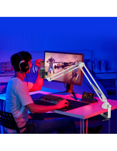 Soporte de Pared y Abrazadera de Escritorio para Micrófono Blanco - Compatible con Shure, Blue Yeti, HyperX