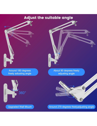 Soporte de Pared y Abrazadera de Escritorio para Micrófono Blanco - Compatible con Shure, Blue Yeti, HyperX