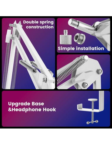 Soporte de Pared y Abrazadera de Escritorio para Micrófono Blanco - Compatible con Shure, Blue Yeti, HyperX