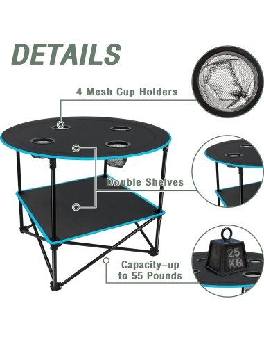 Mesa de Camping Plegable LESES Oxford 72.9x72.9cm Negro y Azul