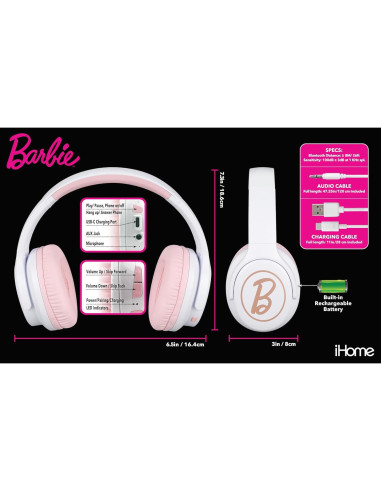 Auriculares Inalámbricos eKids Barbie con Micrófono y Cable Aux