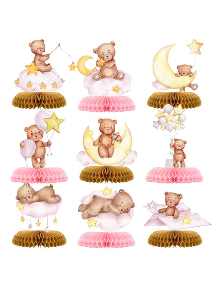 Centro de Mesa Panal Oso Rosa 9 Pcs Tarklanda Decoración Fiesta