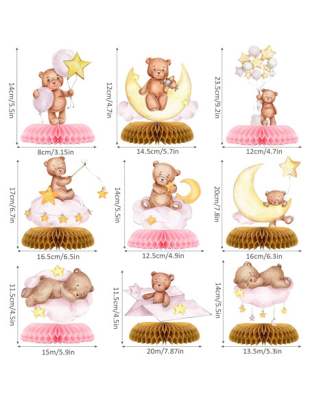 Centro de Mesa Panal Oso Rosa 9 Pcs Tarklanda Decoración Fiesta