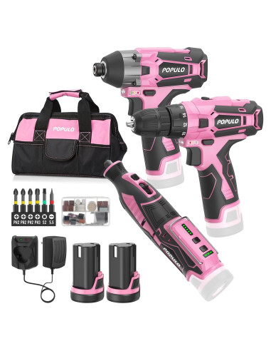 Combo de Herramientas Eléctricas Rosadas POPULO 12V - Taladro, Destornillador y Kit