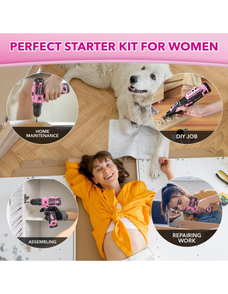 Combo de Herramientas Eléctricas Rosadas POPULO 12V - Taladro, Destornillador y Kit