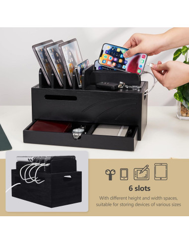 Estación de Carga de Bambú Homde con 6 Ranuras Organizador