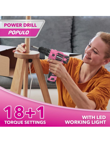 Combo de Herramientas Eléctricas Rosadas POPULO 12V - Taladro, Destornillador y Kit