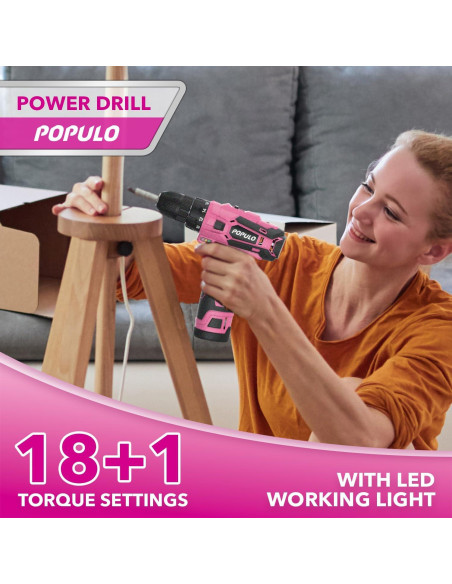 Combo de Herramientas Eléctricas Rosadas POPULO 12V - Taladro, Destornillador y Kit