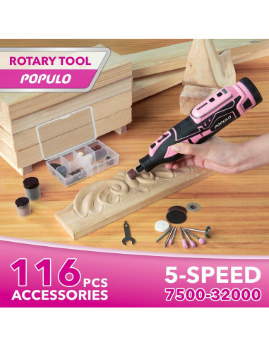 Combo de Herramientas Eléctricas Rosadas POPULO 12V - Taladro, Destornillador y Kit