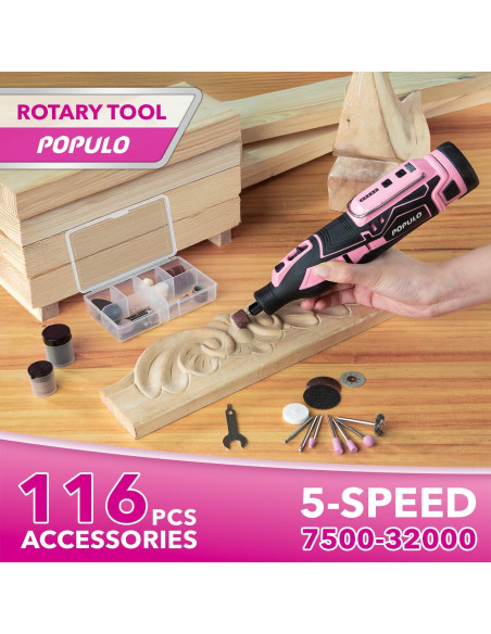 Combo de Herramientas Eléctricas Rosadas POPULO 12V - Taladro, Destornillador y Kit