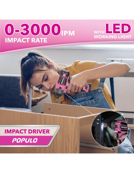 Combo de Herramientas Eléctricas Rosadas POPULO 12V - Taladro, Destornillador y Kit