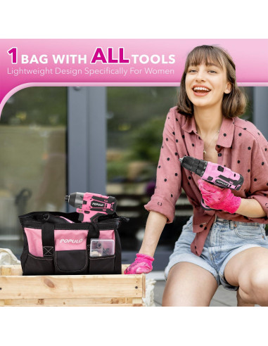 Combo de Herramientas Eléctricas Rosadas POPULO 12V - Taladro, Destornillador y Kit