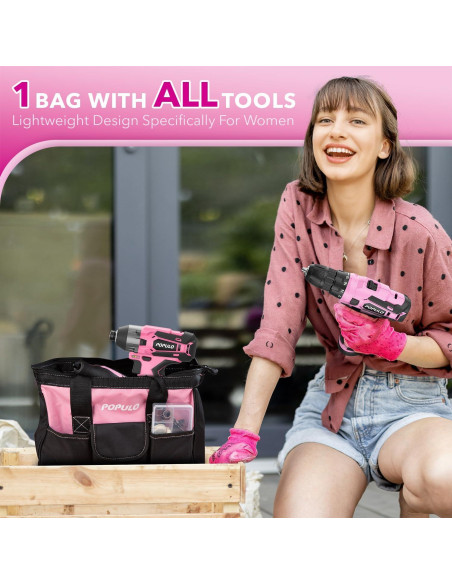 Combo de Herramientas Eléctricas Rosadas POPULO 12V - Taladro, Destornillador y Kit