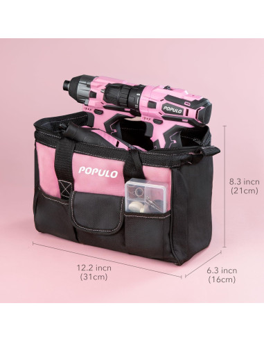 Combo de Herramientas Eléctricas Rosadas POPULO 12V - Taladro, Destornillador y Kit