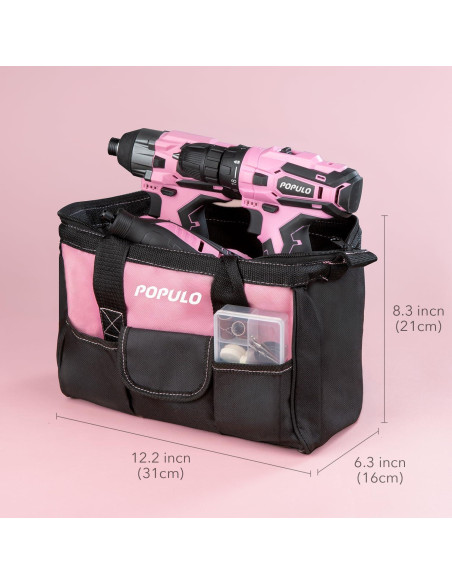 Combo de Herramientas Eléctricas Rosadas POPULO 12V - Taladro, Destornillador y Kit