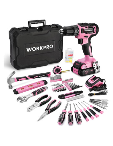 Taladro Inalámbrico WORKPRO 20V Rosa + Kit 141PCS Herramientas