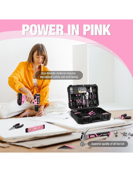 Taladro Inalámbrico WORKPRO 20V Rosa + Kit 141PCS Herramientas