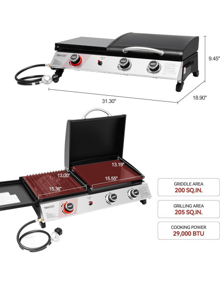 Parrilla de Gas Propano Royal Gourmet PD1305H 3 Quemadores 3-en-1