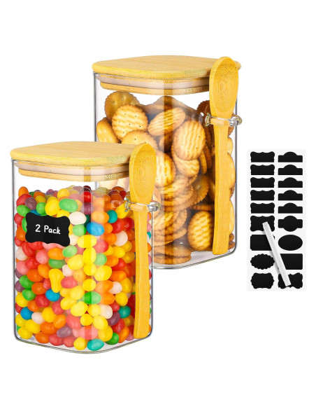 Tarros de Vidrio Cuadrados Kimqi 1115ml con Tapa de Bambú - 2 Piezas