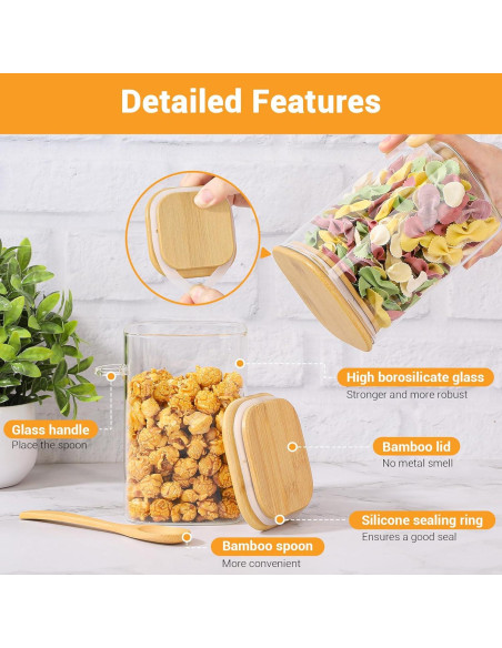 Tarros de Vidrio Cuadrados Kimqi 1115ml con Tapa de Bambú - 2 Piezas