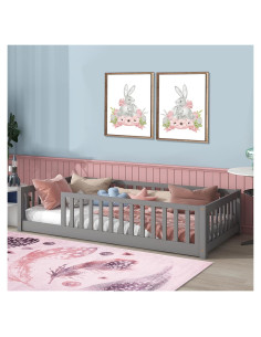 Cama de Piso Tatub Twin de Madera con Barandillas y Listones