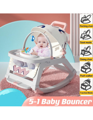 Silla de Rebotar para Bebé 5 en 1 Rosa - Ajustable y Portátil