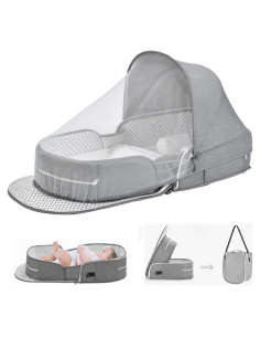 Cuna de Viaje Plegable PGONEEE Gris con Mosquitera 2-en-1