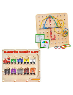 Conjunto de Juguetes Montessori Panda Brothers - Tablero Geométrico de Madera y Laberinto Magnético