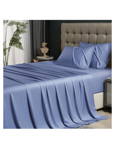 Juego de Sábanas Rey HYPREST de Rayón de Bambú Azul 4 Piezas
