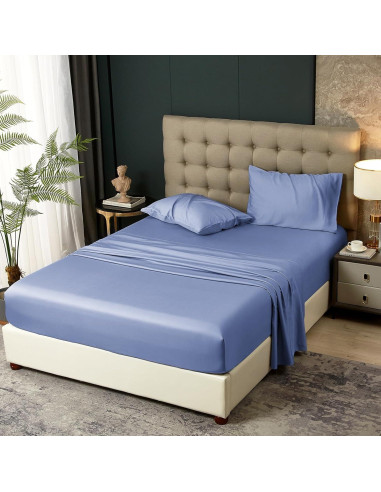 Juego de Sábanas Rey HYPREST de Rayón de Bambú Azul 4 Piezas