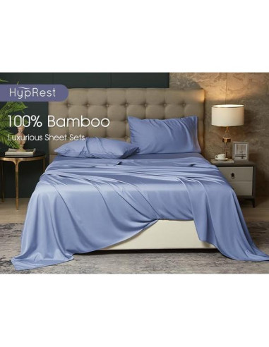 Juego de Sábanas Rey HYPREST de Rayón de Bambú Azul 4 Piezas