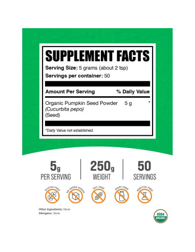 Polvo de Semilla de Calabaza Orgánico BulkSupplements 250g