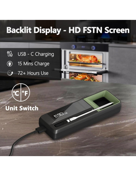 Termómetro de Carne Inalámbrico Bluetooth 5.2 con 2 Probetas