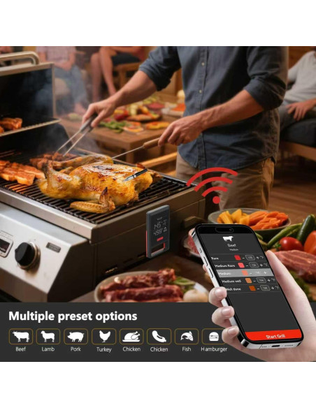 Termómetro de Carne Inalámbrico Bluetooth 5.2 con 2 Probetas
