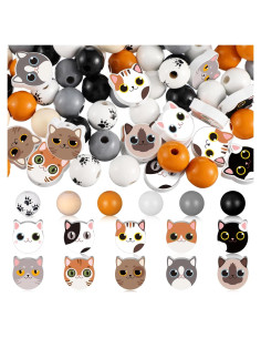 Waydress 200 Perlas de Madera Redondas con Patrón de Gato